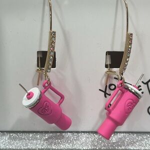 Betsey Johnson Crystal Pink STANLEY CUP Dangle Drop Earrings Tumbler Teacher NEW
